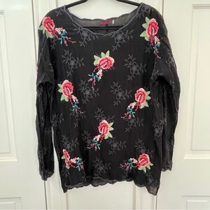Beautiful Johnny Was Black Tunic Top with Pink Embroidered Roses size Medium